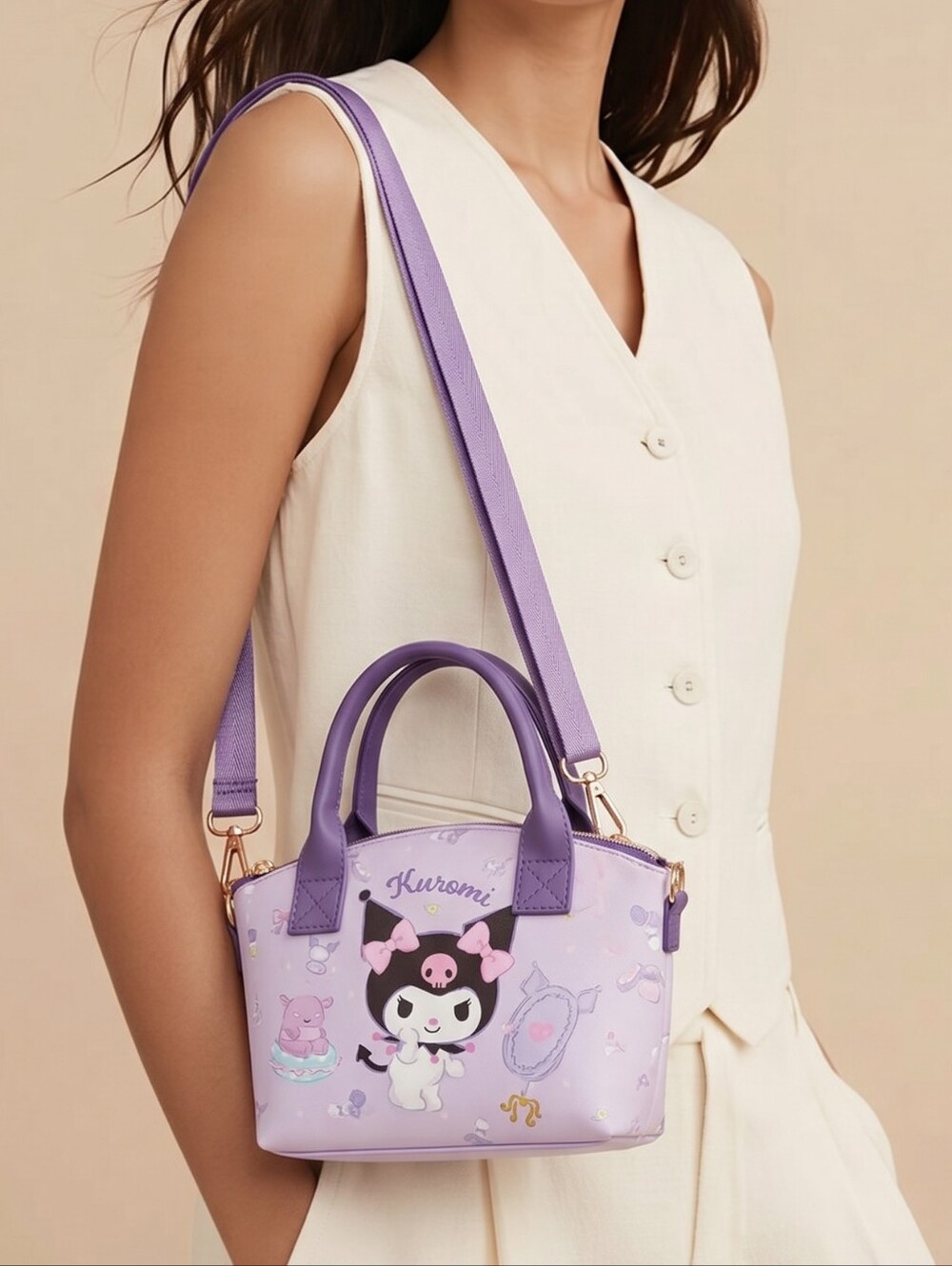 Kuromi Mini Crossbody Bag Lavender Faux Leather Sanrio Kawaii Top Handle Purse